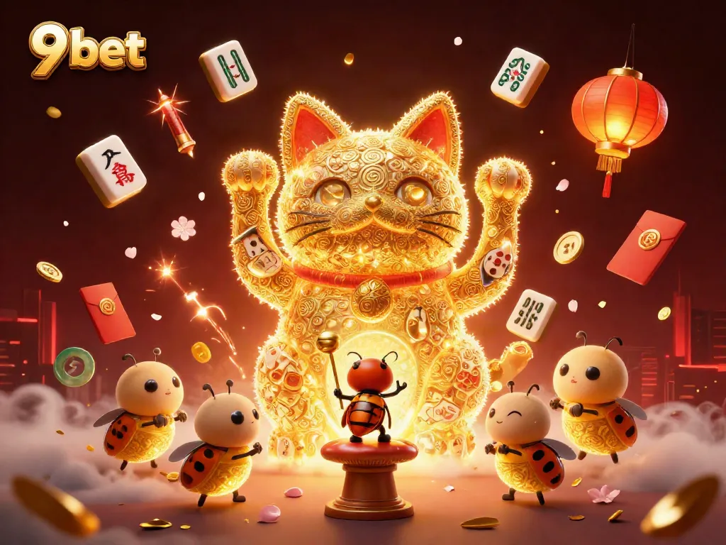 Experience the thrill of 9 bet with a vibrant lucky cat and casino symbols in a dynamic scene.