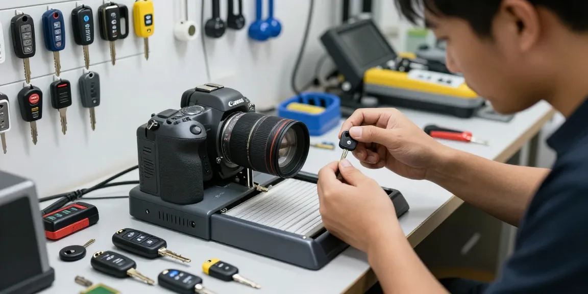 Autoschlüssel nachmachen von Experten in einer modernen Werkstatt mit hochwertigen Werkzeugen und verschiedenen Schlüsselmodellen.