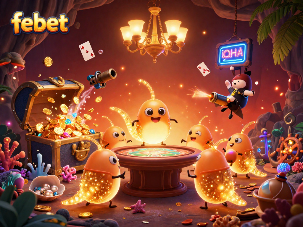 Enhance your gaming experience at febet, a lively casino scene illuminated by glowworms and a bat dealer.