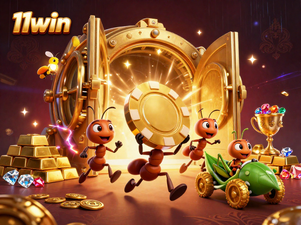 Experience a thrilling heist with ants at 11win, carrying massive poker chips in a dynamic casino scene.