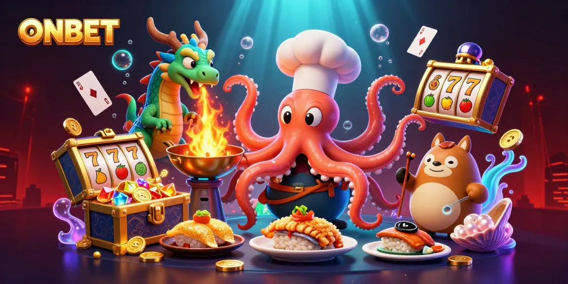 Win big with ONBET in a vibrant casino scene featuring an octopus chef and dragon companion.