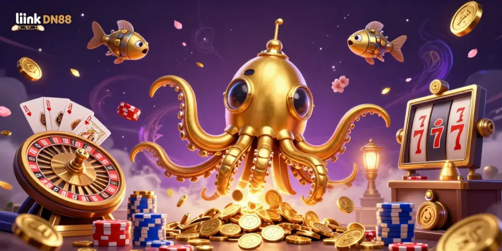 A vibrant 3D illustration of link DN88 showcasing a golden kraken and mechanical fish amidst cascading gold coins and a spinning roulette wheel.