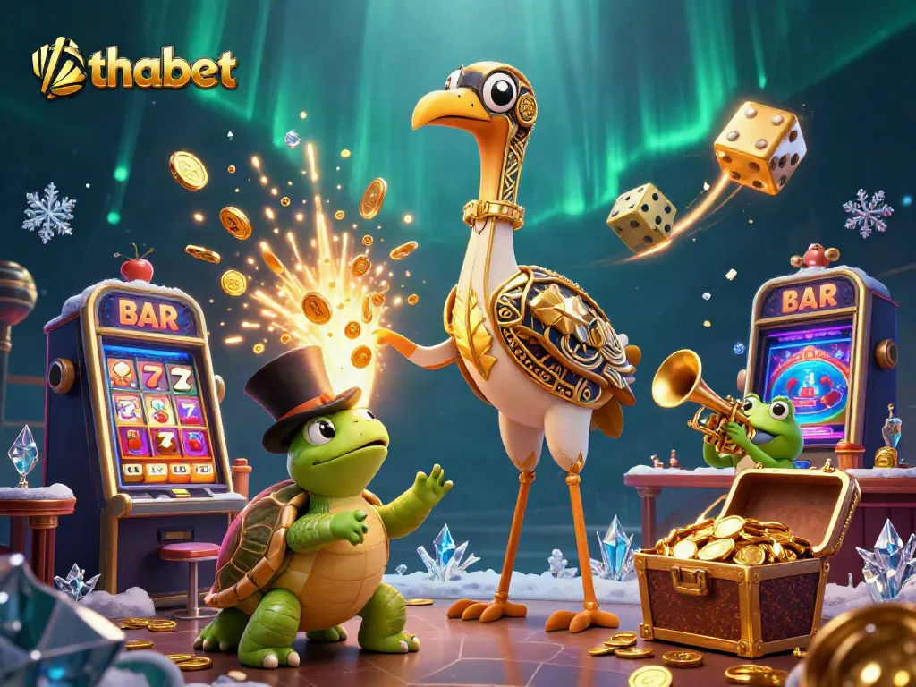 Experience the excitement at Thabet, featuring vibrant casino symbols and dynamic characters in a lively 3D scene.