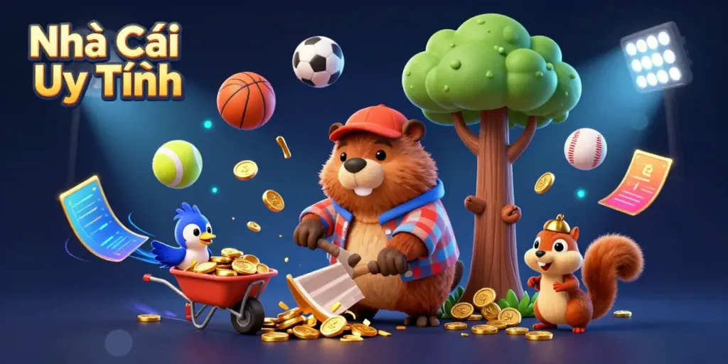 Experience the thrill of Nhà Cái Uy Tín with our lively beaver character amid gold coins and sports elements.