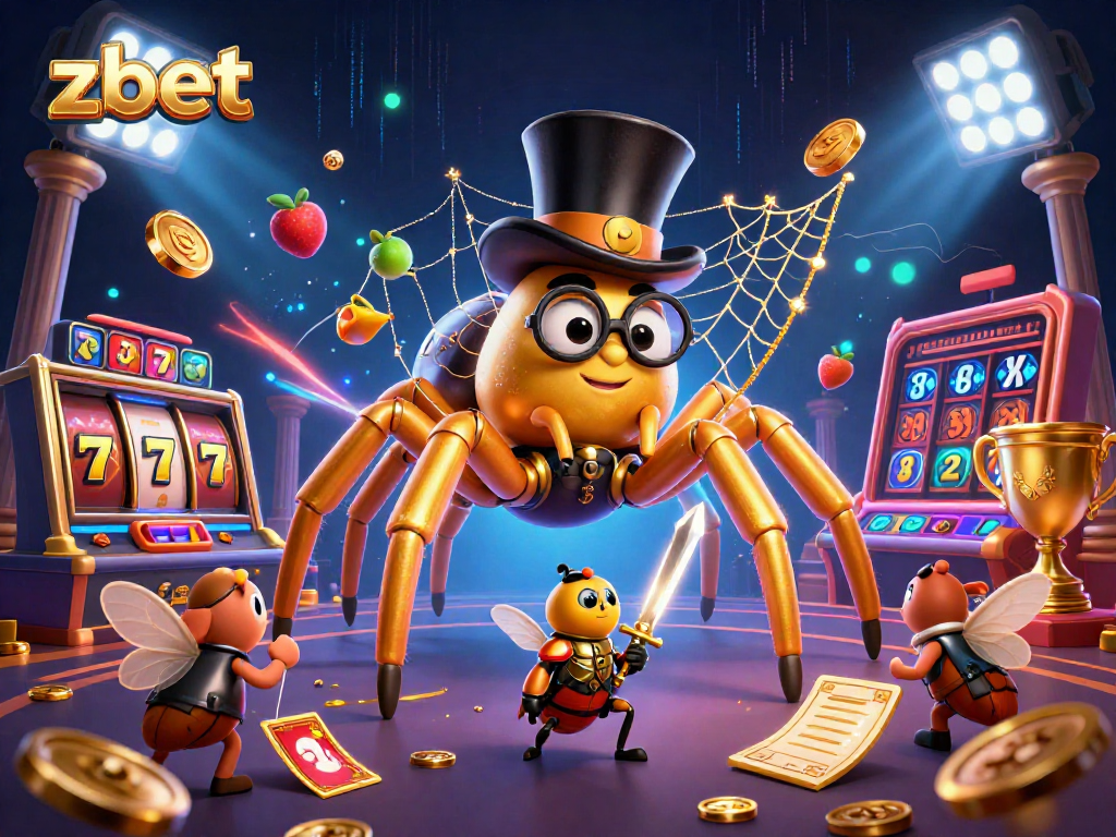 Engage with zbet's thrilling casino scene featuring a golden tarantula and beetle knight among vibrant slots.