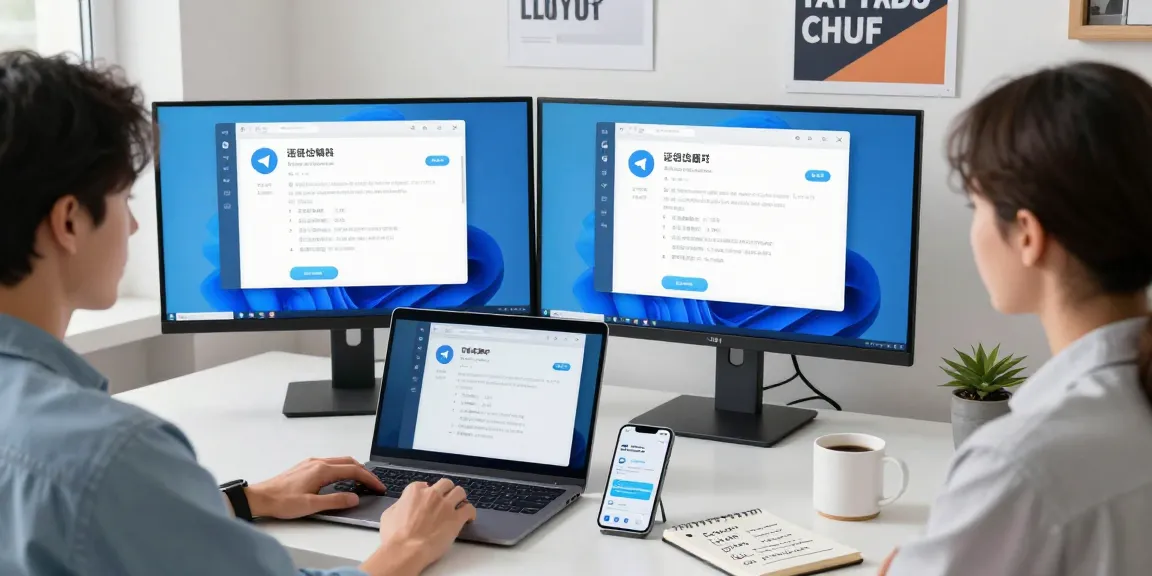 展示如何设置Telegram中文界面的用户在现代办公桌前，计算机显示中文界面和语言包选项