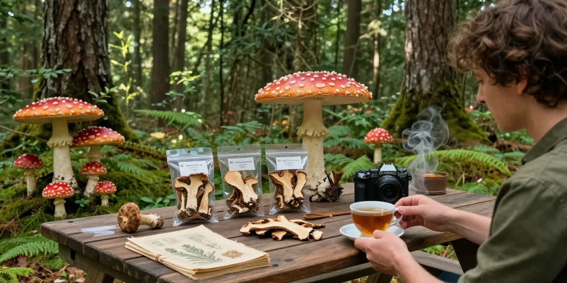 Produkte zum Fliegenpilz kaufen, die in einer bezaubernden Waldumgebung mit Amanita Muscaria-Pilzen und Kräutertee präsentiert werden.