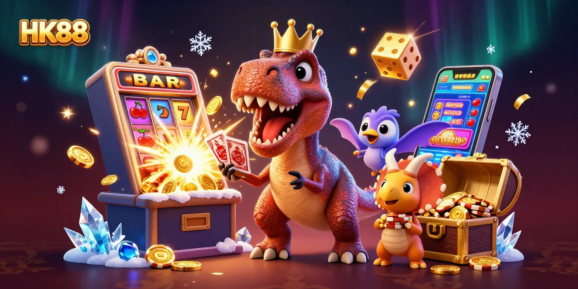 HK88 showcases vibrant dinosaurs engaging in gambling at a bustling casino scene filled with slot machines.