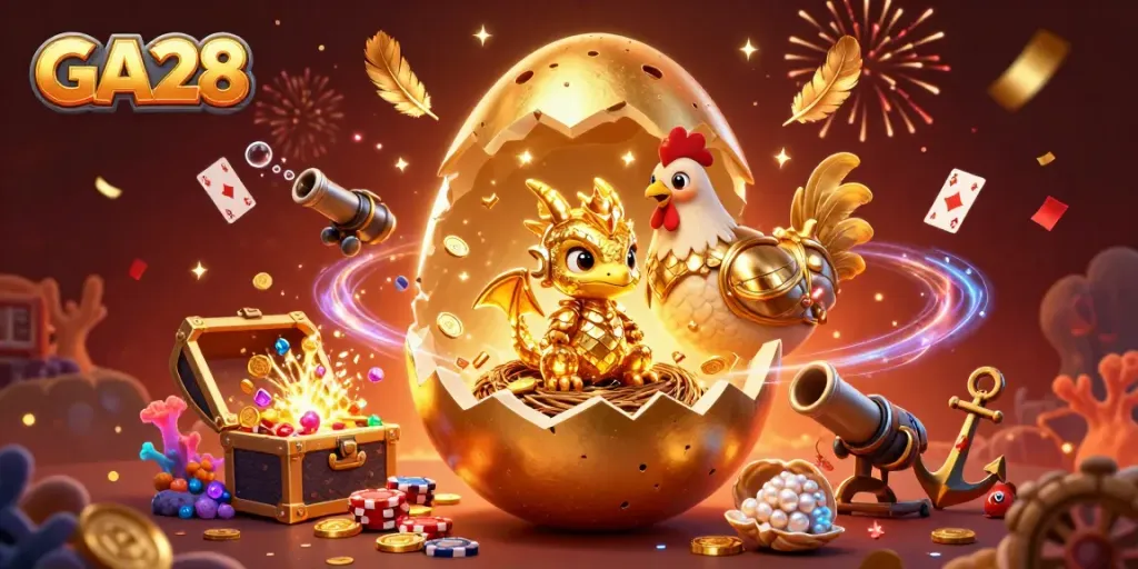 Engage with GA28's thrilling casino adventure as golden treasures and a majestic dragon emerge in a vibrant gaming scene.