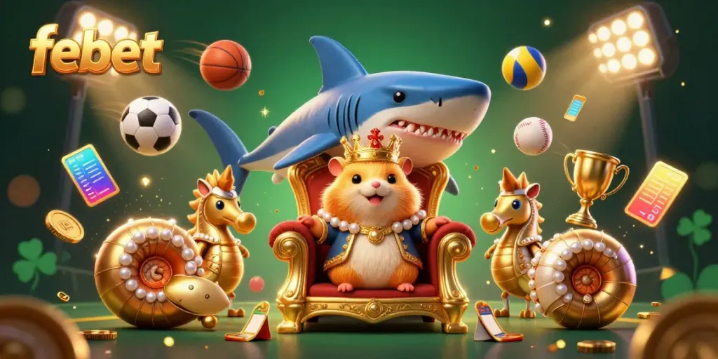 Experience the thrill of febet's gaming world with golden hamster royalty amidst dynamic sports elements.
