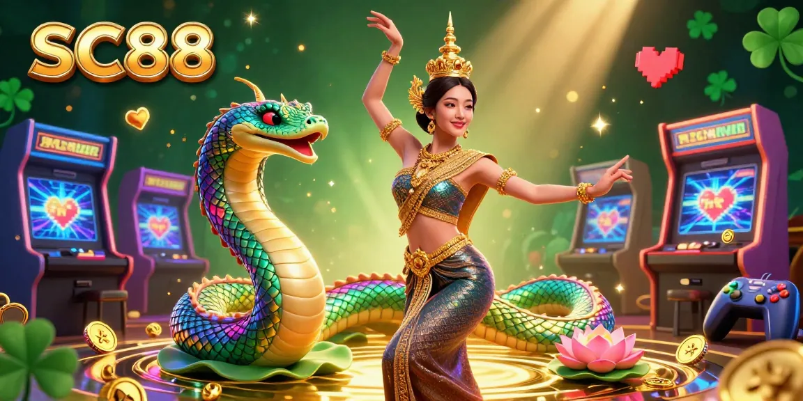 Engage with SC88's exciting gaming world featuring a Thai dancer and Naga serpent amidst vibrant casino elements.
