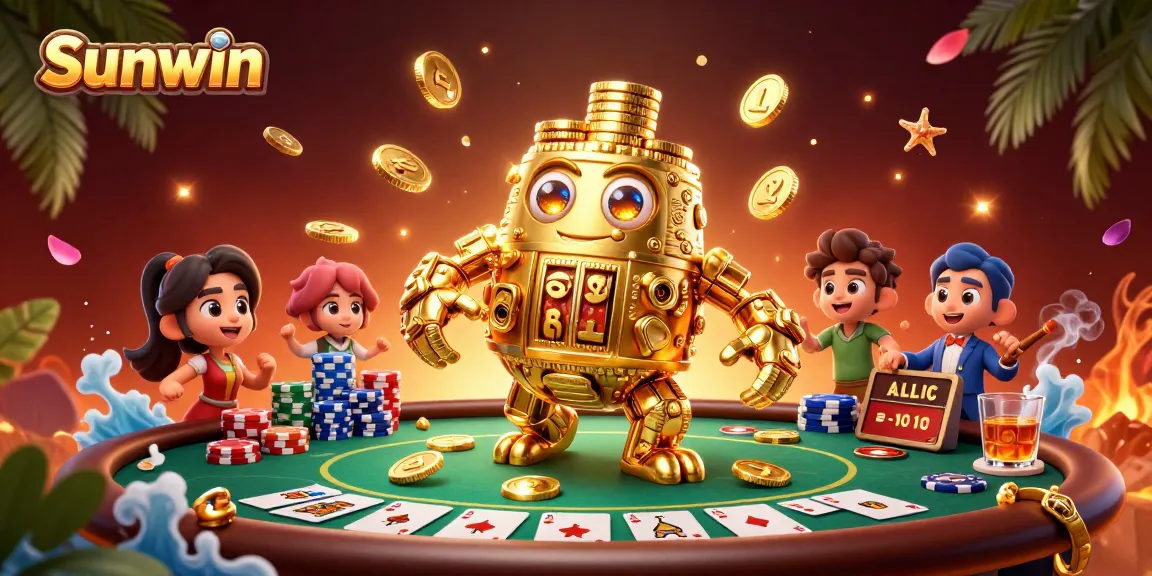 Experience thrilling wins at Sunwin with this vibrant 3D casino illustration showcasing wins and games.