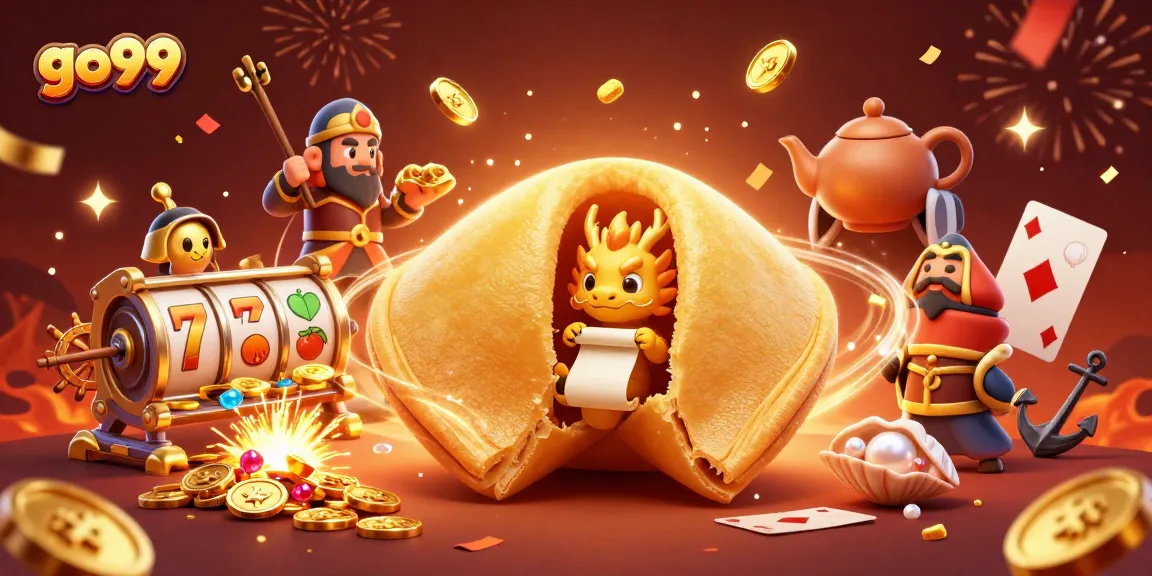 Engage with go99's vibrant casino world featuring a golden fortune cookie and gaming elements.