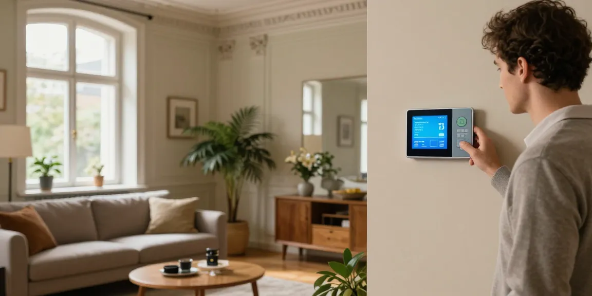 A cozy modern living space in an Altbau featuring a homeowner exploring wärmepumpe im altbau options with a smart thermostat, blending traditional architecture with energy efficiency.