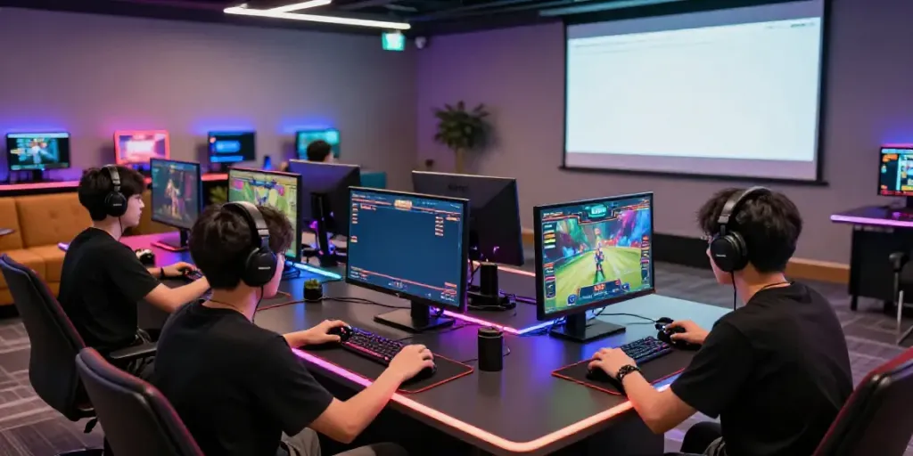 Dewacash Asia vibrant online gaming room with gamers enjoying live betting and gaming experiences together.