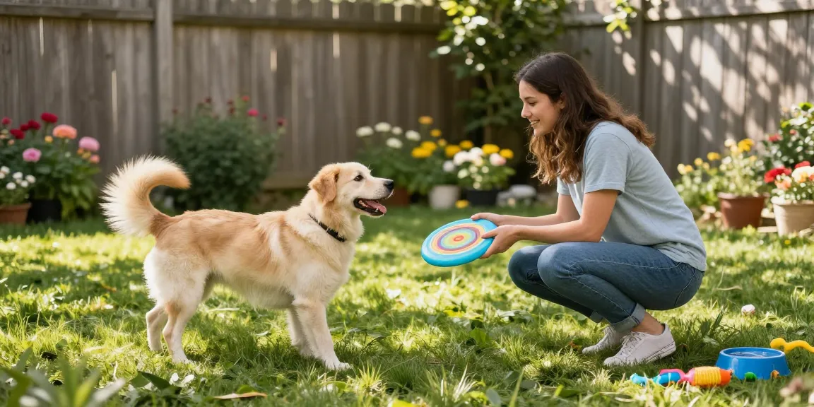 A joyful pet owner playing with her dog using DEWI111 frisbee in a sunny backyard.