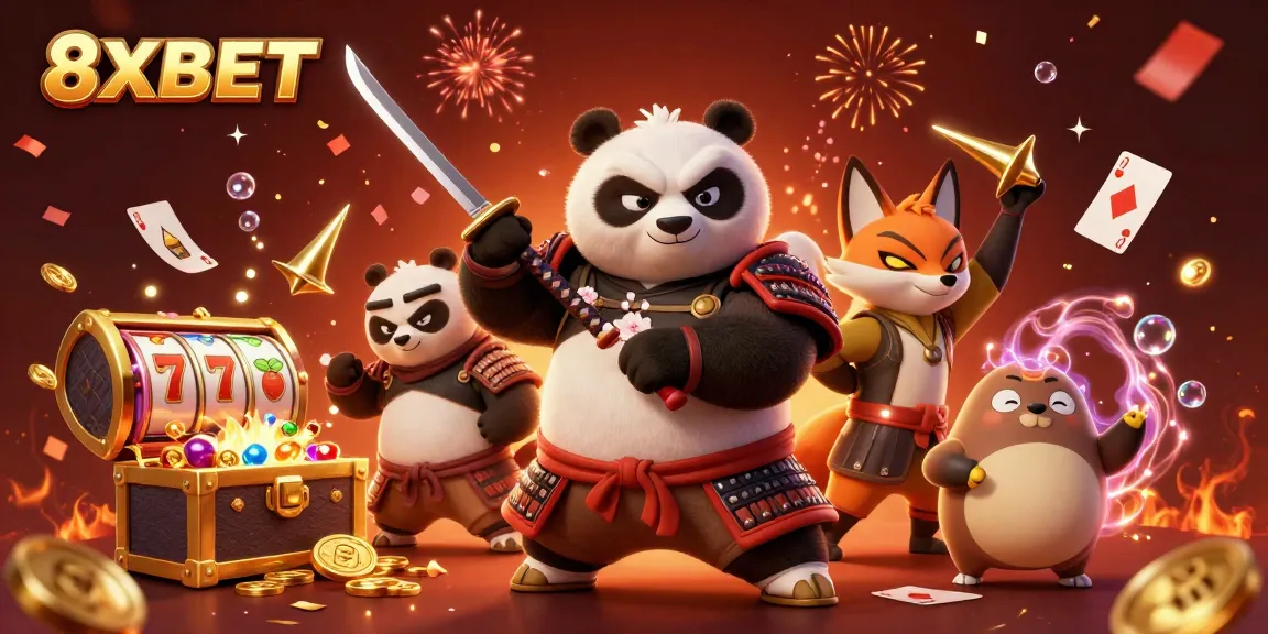 Engage in exhilarating gaming with 8XBET's slot reels and dynamic samurai panda illustration.