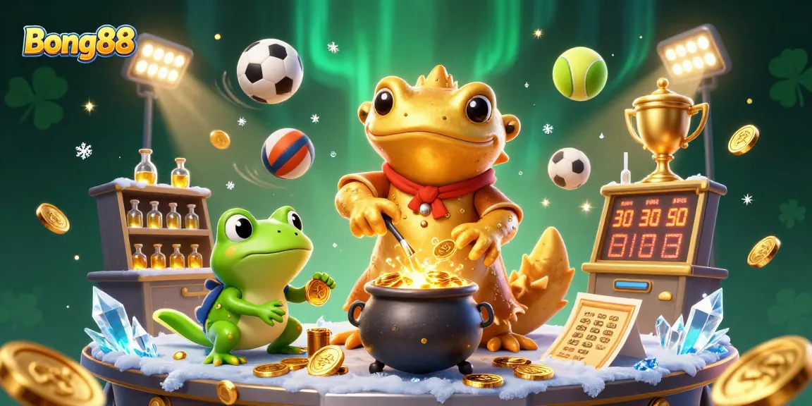 Bong88 showcases a captivating alchemist scene with golden coins, sports balls, and magical elements.