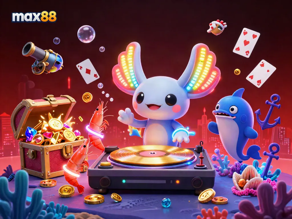 Experience max88's lively underwater casino with vibrant axolotl DJ, dancing shrimp, and game elements.