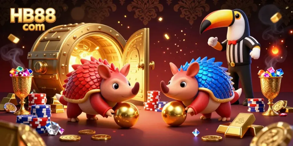 Experience exhilarating gameplay with HB88 com, as rival pangolins compete amidst sparkling casino treasure.
