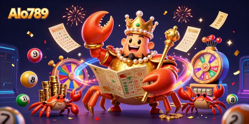 Alo789 showcases a vibrant 3D illustration of a golden crab emperor with treasure elements and a lively casino theme.