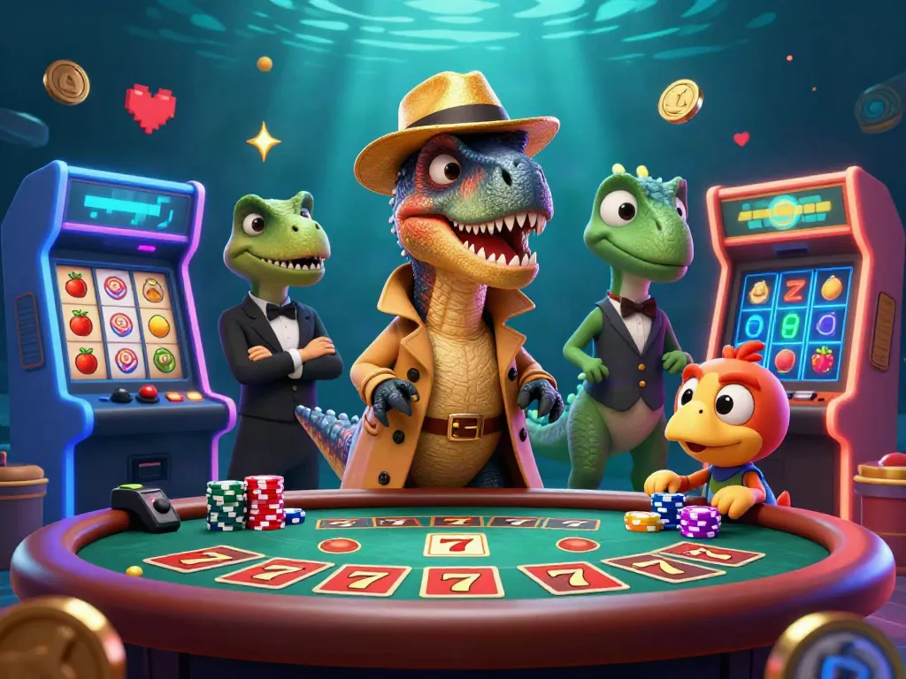 Experience the excitement at FC88 com with a velociraptor card counter at a vibrant blackjack table in this dynamic casino scene.
