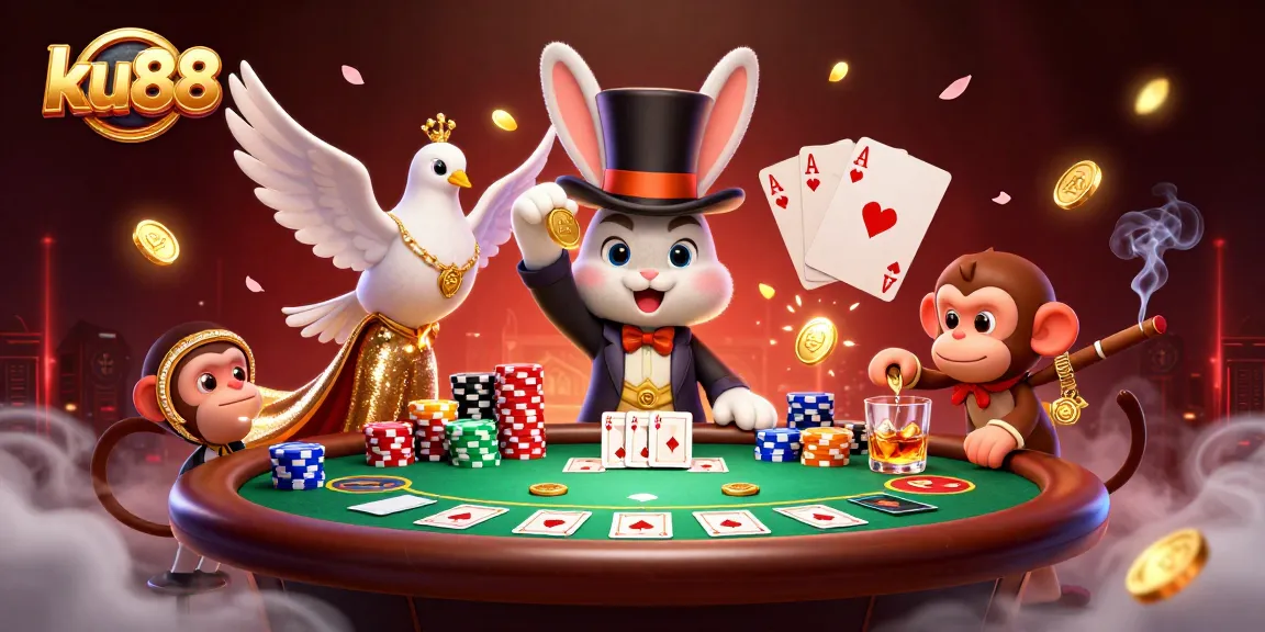 Experience the magic of ku88 with a 3D magician rabbit revealing golden coins in a vibrant casino scene
