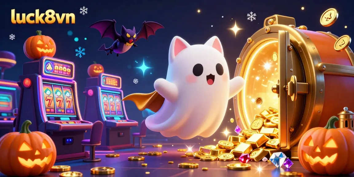 Experience luck8vn with a spirited ghost cat and bat in a lively casino filled with jackpot excitement.