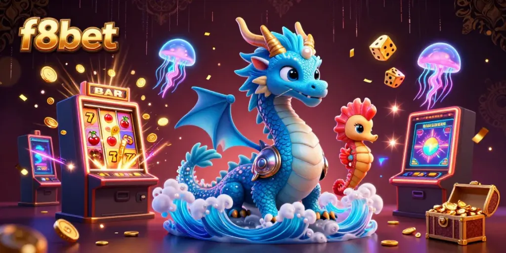 Experience thrilling wins at f8bet with vibrant 3D casino action featuring a dragon and slot machines.