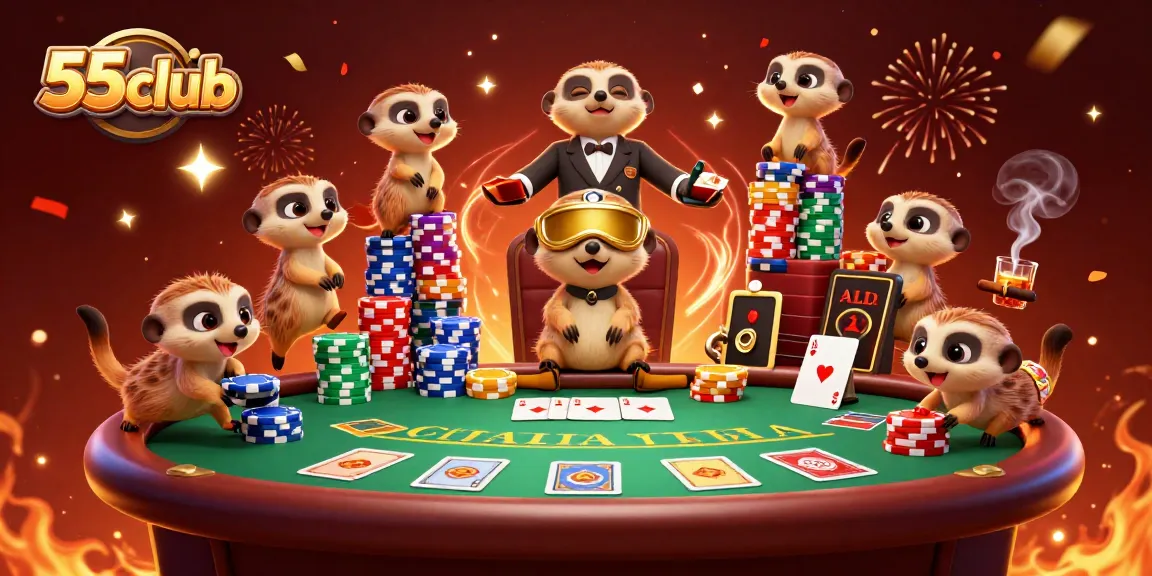 Engage with the playful meerkats in their 55club casino adventure full of cards, chips, and fun.