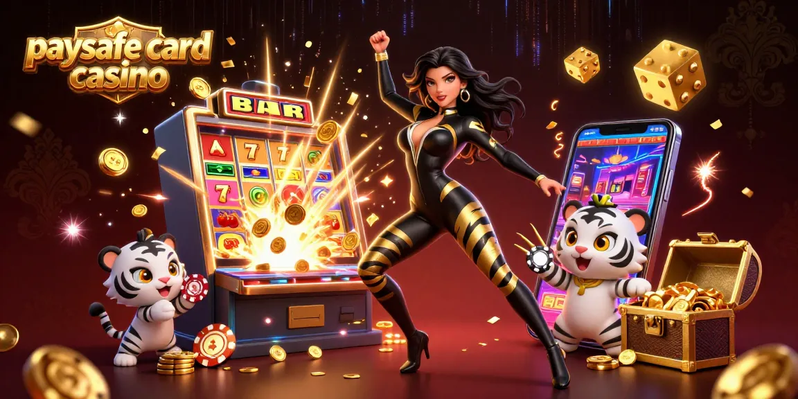 Interagieren Sie mit der lebhaften Paysafe Card Casino-Szene, die eine 3D-Frau und einen verspielten Tiger vor einer Jackpot-Explosion zeigt.