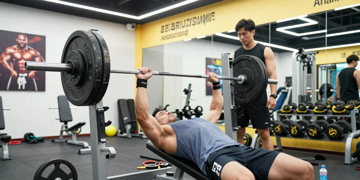 Anabolika Shop Fitnessszene mit einem Bodybuilder, der Gewichte in einem modernen Fitnessstudio drückt.