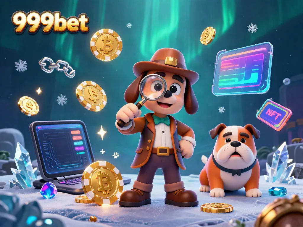 Experience the thrill of 999bet with a detective uncovering poker clues amidst vibrant crypto elements.