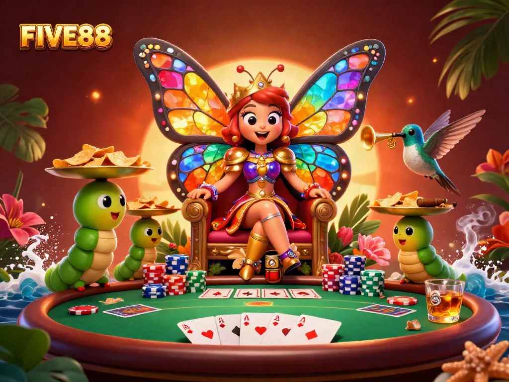 Experience the vibrant world of FIVE88 as the butterfly queen reigns over a lively poker scene filled with chips.