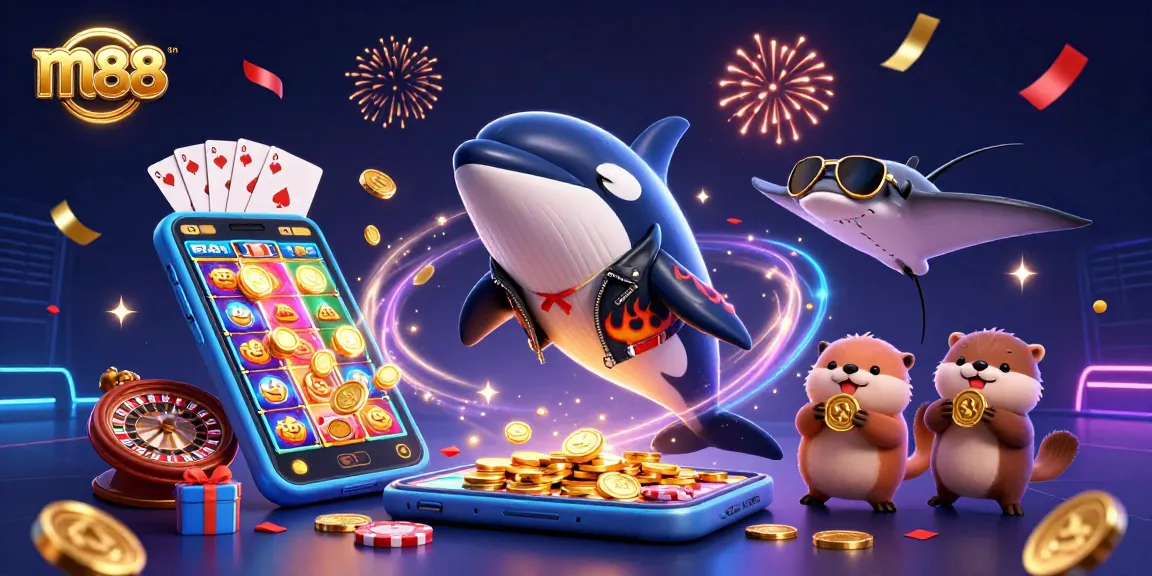 Spin to win at m88 with a festive underwater casino scene featuring orca and otters.