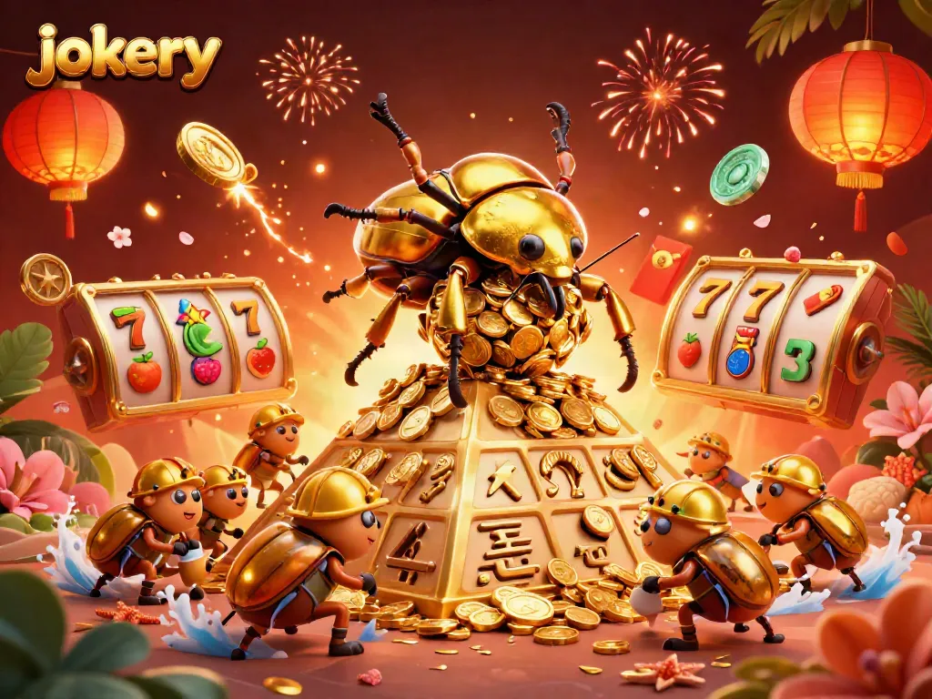 Experience the thrill of gameplay at Jokery with an engaging casino scene showcasing golden beetles and vibrant symbols.