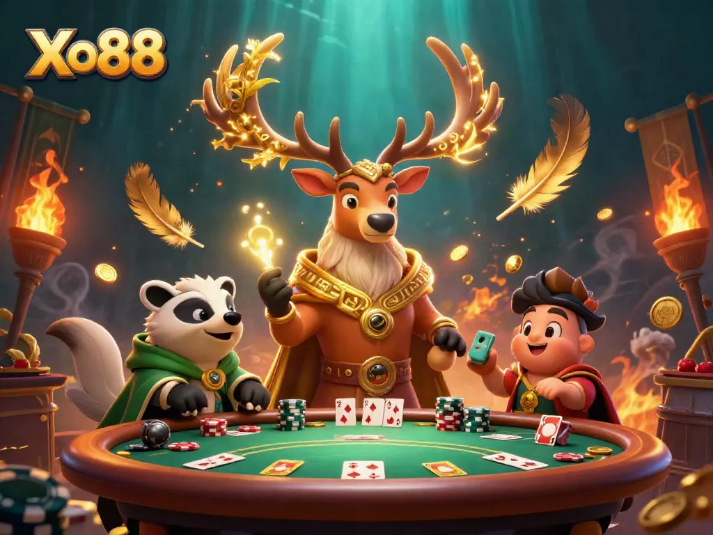 Experience the excitement of Xo88 at a vibrant poker table with dynamic characters.