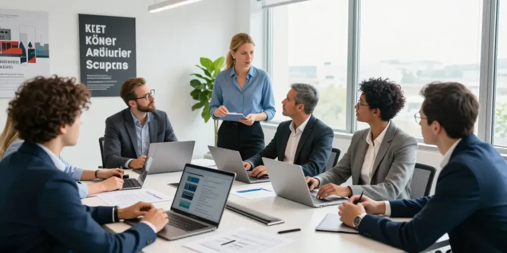 Stefanie Köhler leitet ein Teammeeting in einem modernen Büro, umgeben von Kollegen, die an einem Projekt arbeiten.