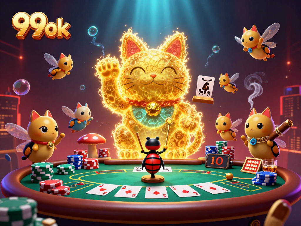 Engage in thrilling casino adventures at 99ok with vibrant golden fireflies and poker symbols.