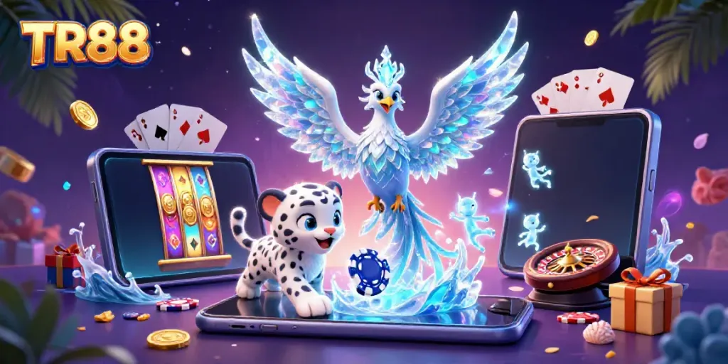 Engage with TR88's colorful slot game experience, featuring an ice phoenix and playful elements.