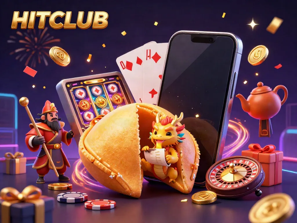 Engage with HITCLUB as the tiny dragon reads fortune inside a golden cookie surrounded by casino excitement.