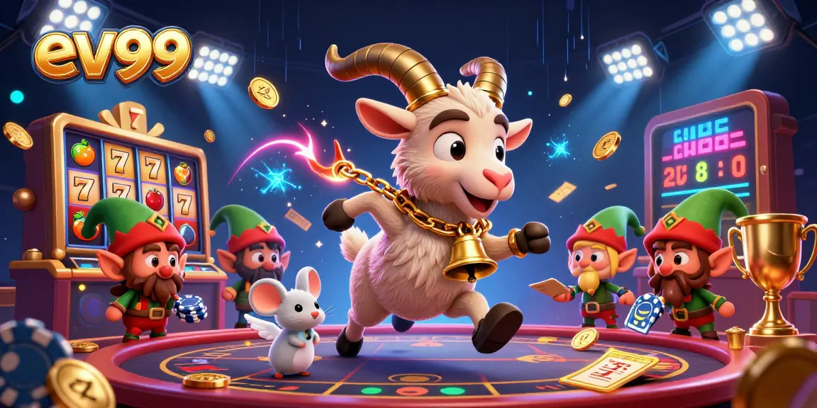 ev99 Casino scene featuring Krampus, angel mouse, and gremlin playing with slot reels and jackpot symbols.