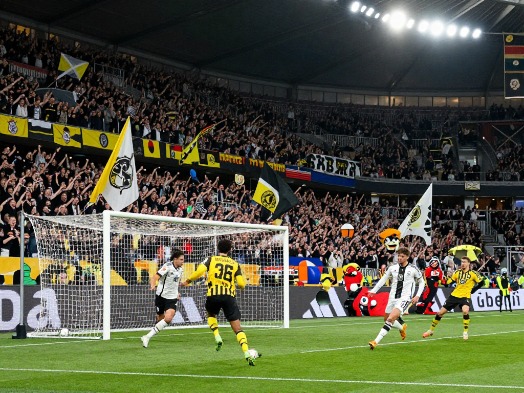 Fußball Deutschland Stadion-Szene mit jubelnden Fans und Spielern in Aktion bei einem Bundesliga-Spiel.