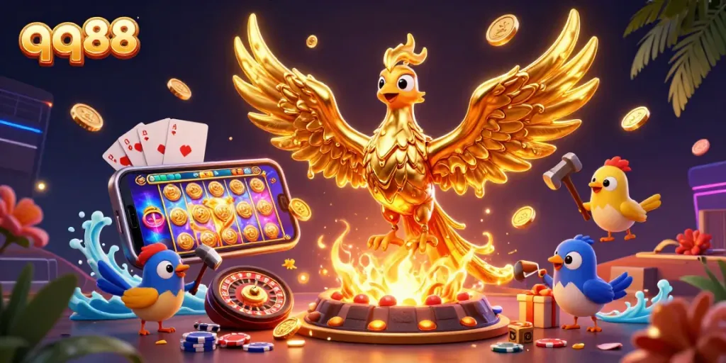Experience the thrill of qq88 with a dynamic illustration of a golden phoenix, slot games, and coins.