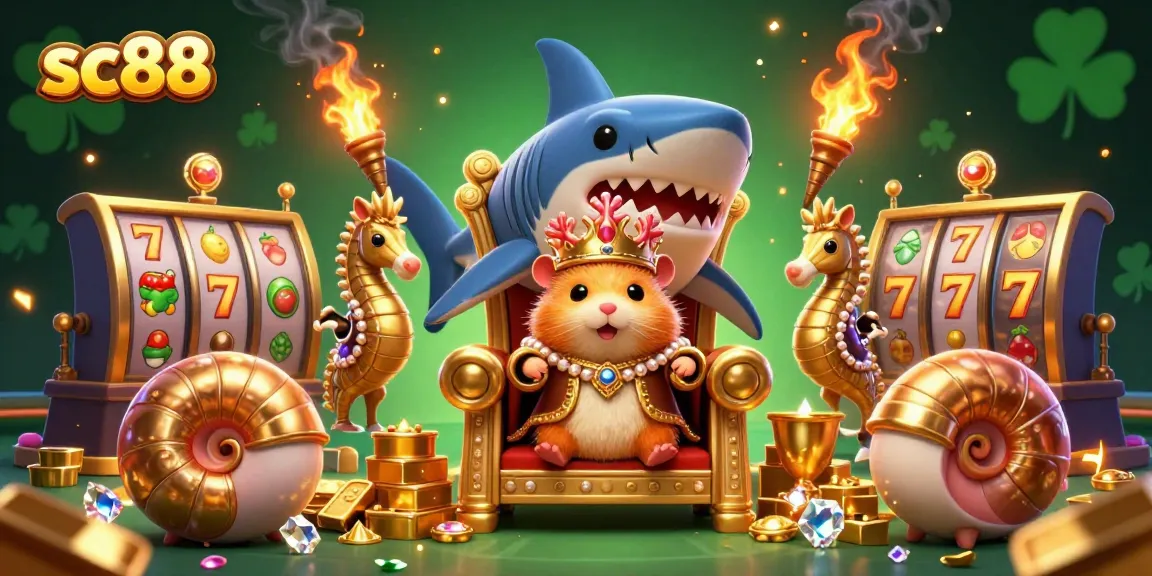 Experience the thrilling world of sc88 casino with vibrant 3D illustration showcasing a golden hamster king surrounded by treasures and slot reels.
