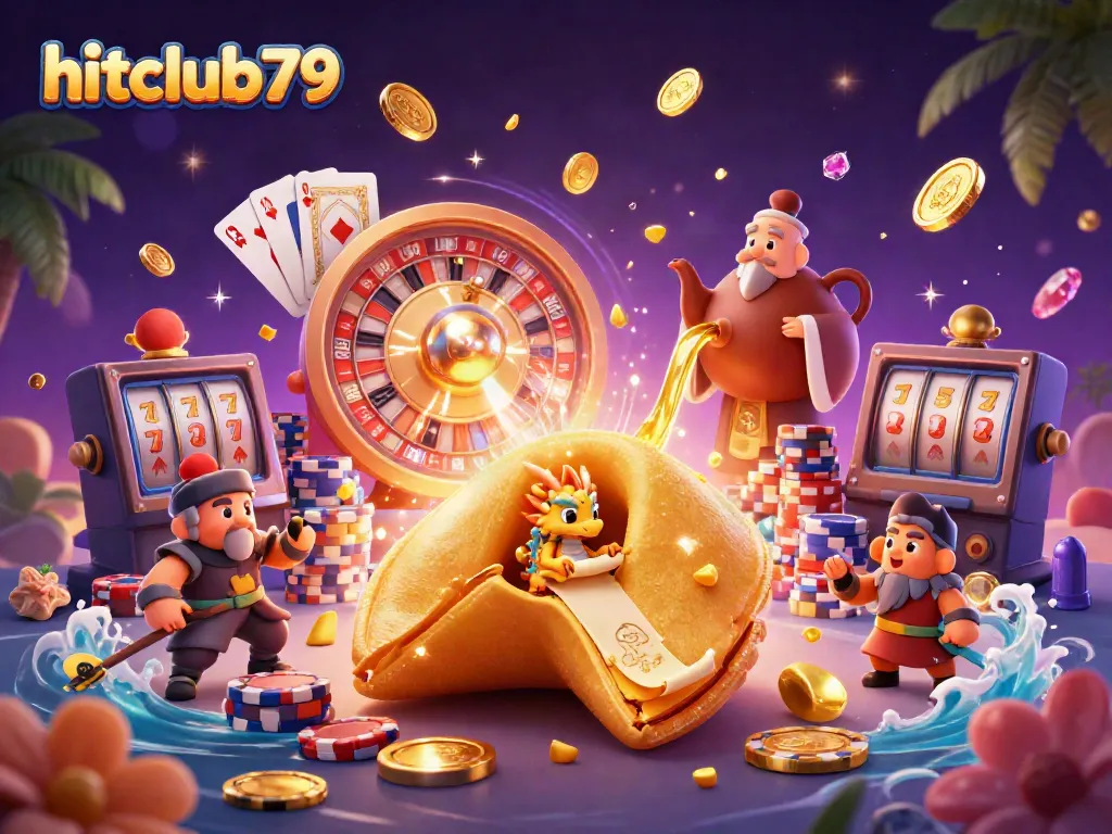 Experience dynamic gambling fun with hitclub79, showcasing 3D characters amidst cascading coins and a roulette wheel.