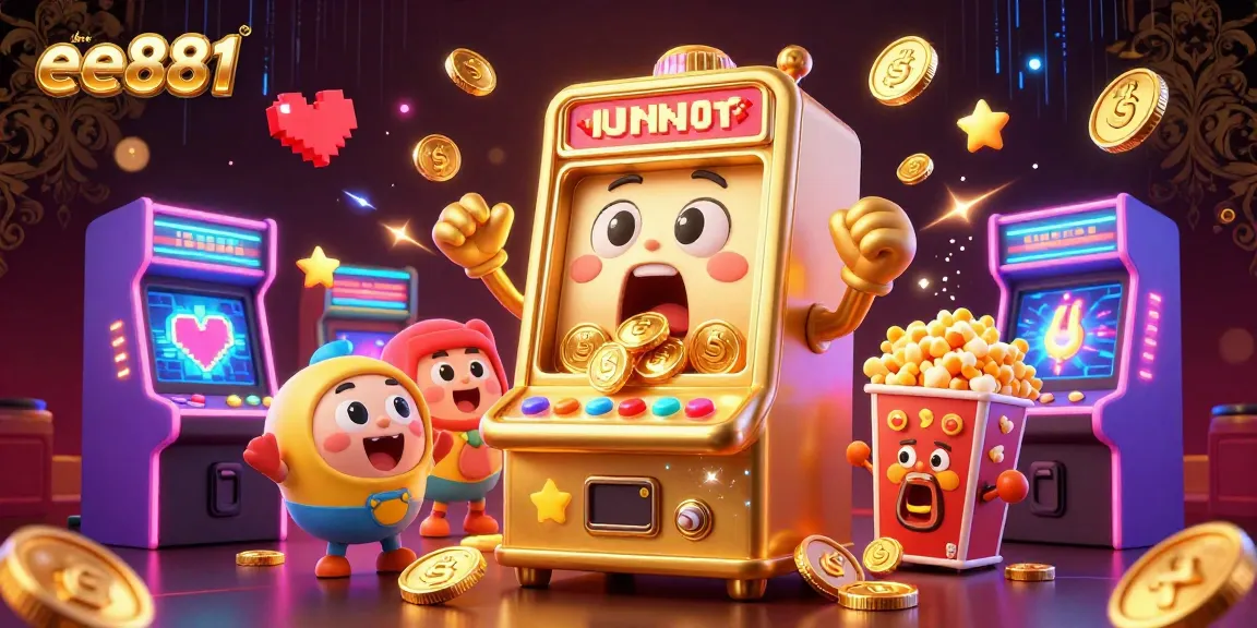 ee881's lively illustration of a golden slot machine winning a jackpot, celebrating with cheering mini machines and vibrant arcade elements.