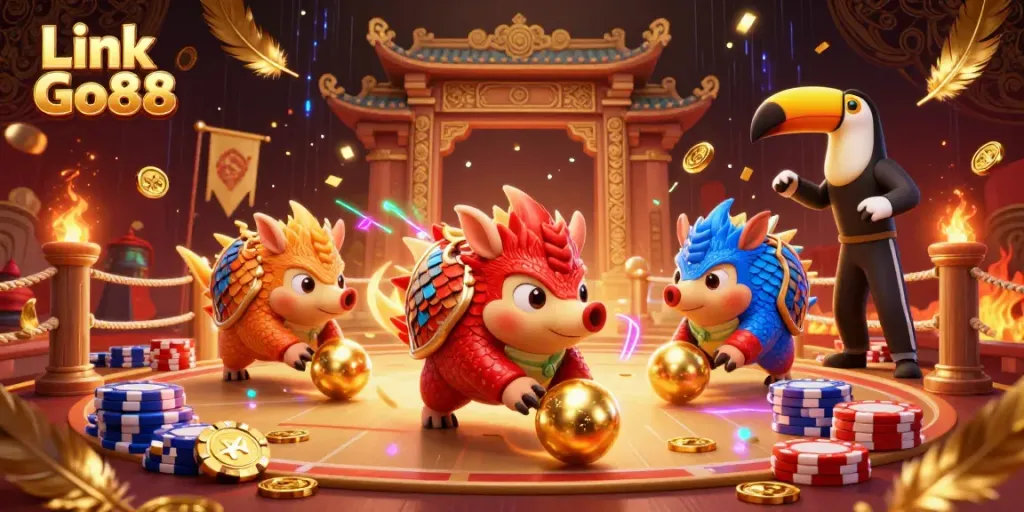 Compete in the excitement of Link Go88 as rival pangolins roll through golden balls and poker chips in a thrilling casino arena.