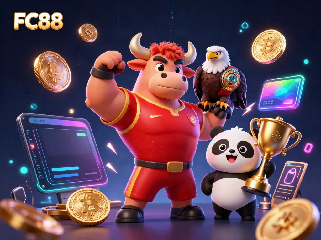 Engage in exciting gameplay at FC88 with a dynamic scene featuring a victorious bull mascot, eagle champion, and trophy-holding panda.