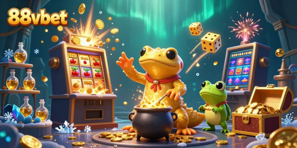 Join the excitement at 88vbet with a vibrant scene featuring gold coins and a slot machine.